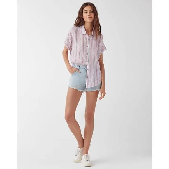 Splendid Button-Up Striped Short Sleeve Collared Pink White Top Size S NWT - Picture 2 of 9